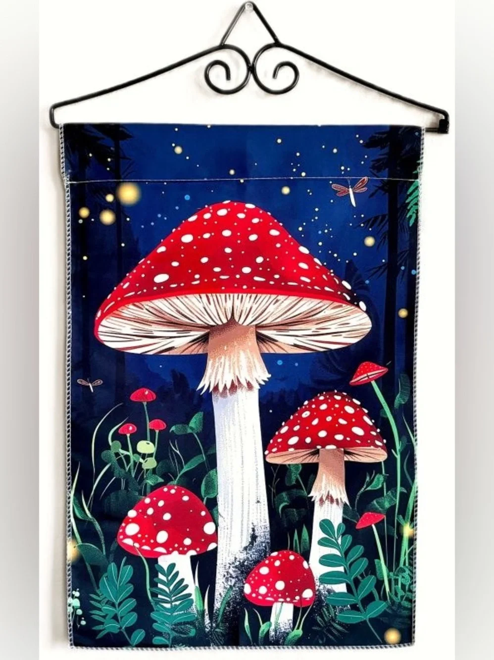 Red & White Polka Dotted Mushrooms Forest at Night Fireflies Yard Garden Flag